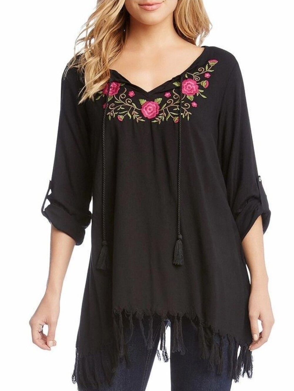Karen Kane Embroidered Fringe Tassel Tunic Top Black with Pink Floral Medium